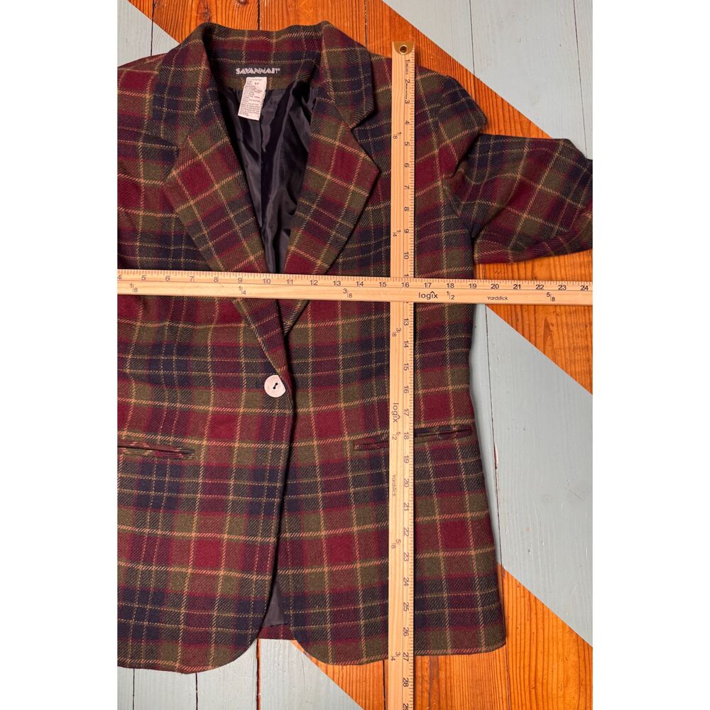 Vintage SAVANNAH Wool Blend Plaid Blazer 6P Burgundy Green Navy Preppy Academia - Picture 5 of 7